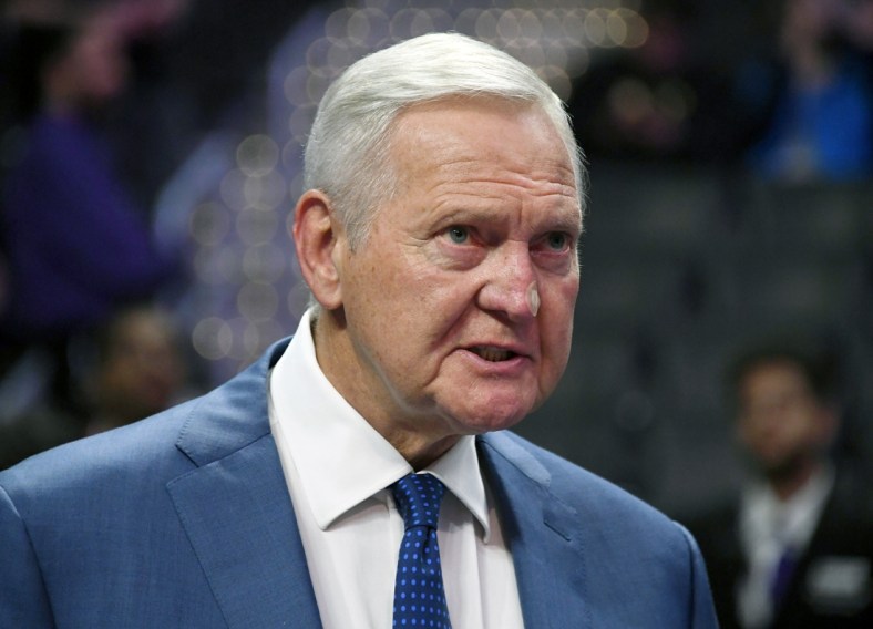 Mar 15, 2019; Los Angeles, CA, USA; LA Clippers executive board member Jerry West reacts in the first half against the Chicago Bulls at the Staples Center. Mandatory Credit: Kirby Lee-USA TODAY Sports