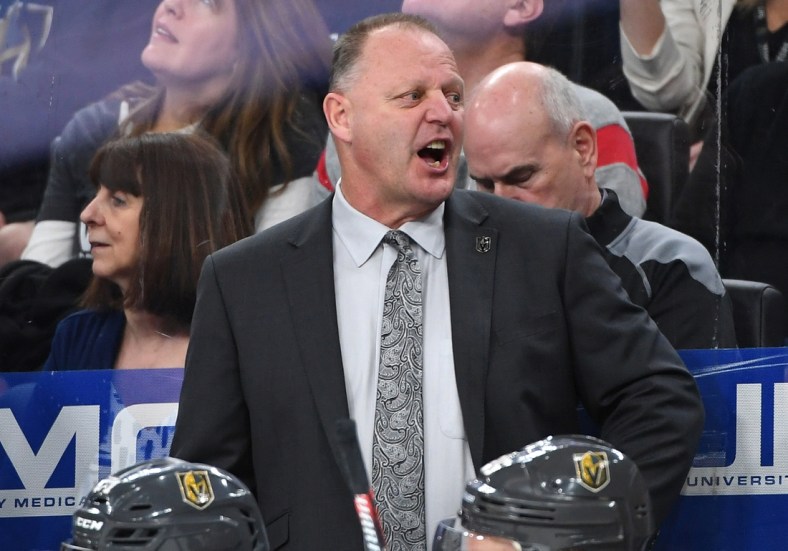 Mar 23, 2019; Las Vegas, NV, USA; Vegas Golden Knights head coach Gerard Gallant is pictured during the third period against the Detroit Red Wings at T-Mobile Arena. Mandatory Credit: Stephen R. Sylvanie-USA TODAY Sports