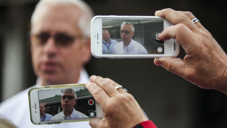 Trainer Todd Pletcher talks to the media about his Kentucky Derby horses, Spinoff and Cutting Humor, Wednesday morning after training. "Both horses give me the indication they'll get the distance as well. From a training perspective, we've seen them do things in the morning that are consistent with the horses that we've brought here that have done very well. We like them both a lot. We'll just see." May 1, 20192019 Derby Week Backside