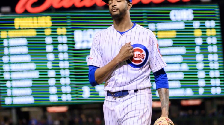 May 21, 2019; Chicago, IL, USA; Chicago Cubs relief pitcher Carl Edwards Jr. (6) reacts after being pulled out during the seventh inning against the Philadelphia Phillies at Wrigley Field. Mandatory Credit: Patrick Gorski-USA TODAY Sports