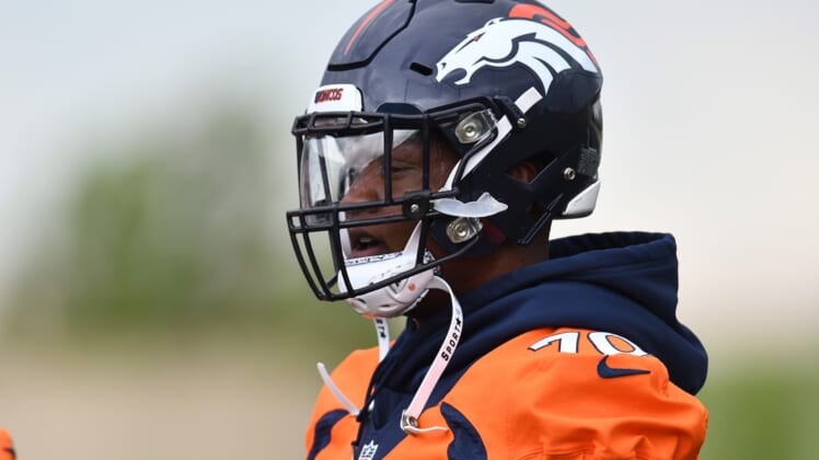 Jun 4, 2019; Denver, CO, USA; Denver Broncos offensive tackle Ja'Wuan James (70)  looks on during mini camp drills at the Pat Bowlen Fieldhouse at UCHealth Training Center. Mandatory Credit: Ron Chenoy-USA TODAY Sports
