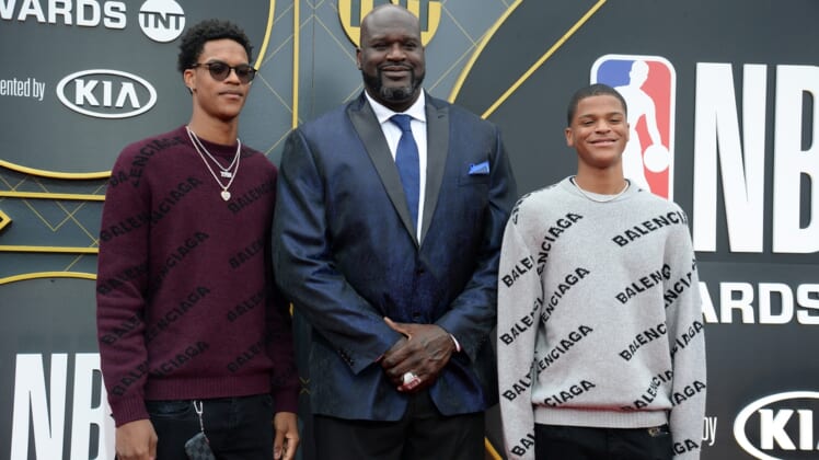 June 24, 2019; Los Angeles, CA, USA; NBA former player Shaquille O'Neal with sons Sharif O'Neal and Shaqir O'Neal arrive on the red carpet for the 2019 NBA Awards show at Barker Hanger. Mandatory Credit: Gary A. Vasquez-USA TODAY Sports