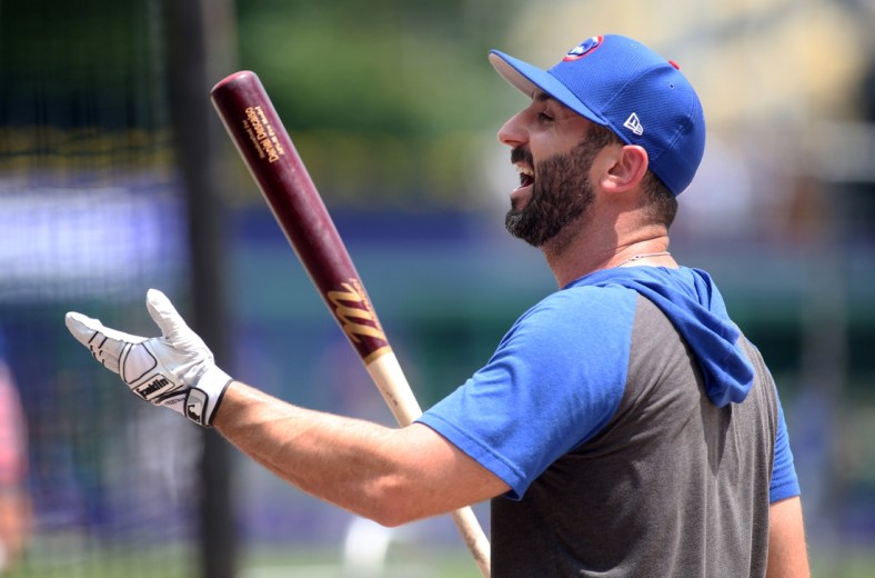 Jul 4, 2019; Pittsburgh, PA, USA;  Chicago Cubs infielder Daniel Descalso (3) reacts at the batting cage before playing the Pittsburgh Pirates at PNC Park. Mandatory Credit: Charles LeClaire-USA TODAY Sports