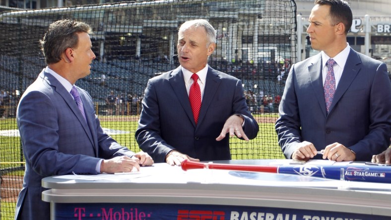 Jul 9, 2019; Cleveland, OH, USA; MLB commissioner Rob Manfred is interviewed on the ESPN set prior to the 2019 MLB All Star Game at Progressive Field. Mandatory Credit: Charles LeClaire-USA TODAY Sports