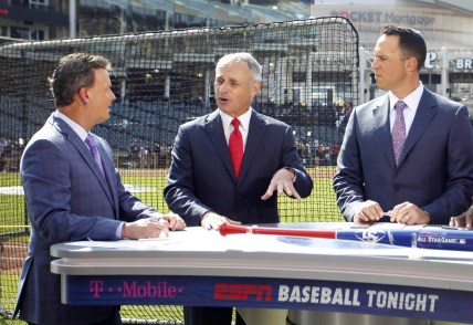 Jul 9, 2019; Cleveland, OH, USA; MLB commissioner Rob Manfred is interviewed on the ESPN set prior to the 2019 MLB All Star Game at Progressive Field. Mandatory Credit: Charles LeClaire-USA TODAY Sports