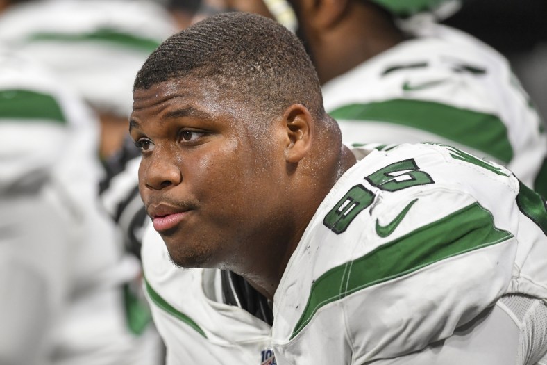 Aug 15, 2019; Atlanta, GA, USA; New York Jets defensive tackle Quinnen Williams (95) shown on the bench against the Atlanta Falcons during the first half at Mercedes-Benz Stadium. Mandatory Credit: Dale Zanine-USA TODAY Sports