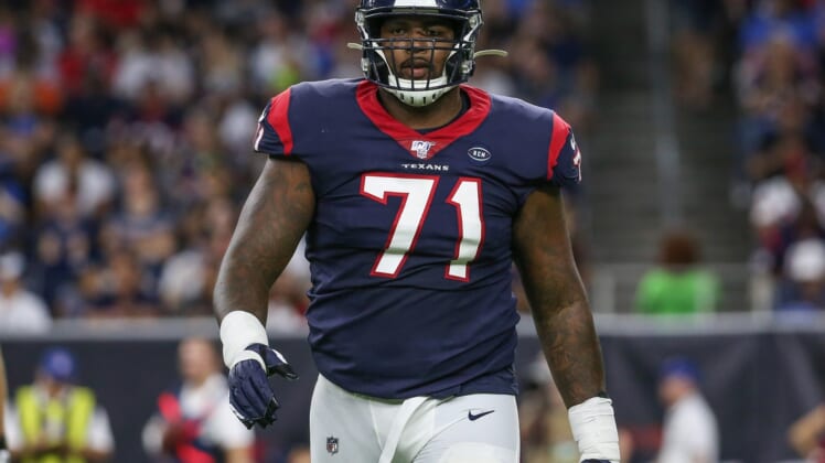 Aug 17, 2019; Houston, TX, USA; Houston Texans offensive tackle Tytus Howard (71) walks off the field during the game against the Detroit Lions at NRG Stadium. Mandatory Credit: Troy Taormina-USA TODAY Sports