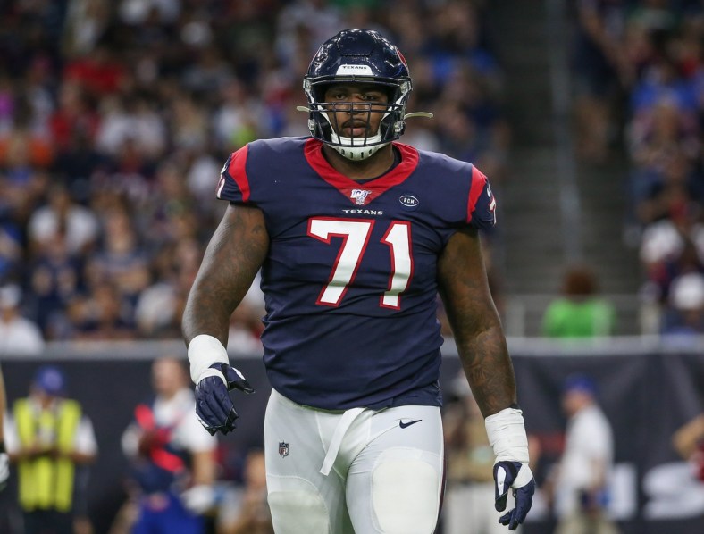 Aug 17, 2019; Houston, TX, USA; Houston Texans offensive tackle Tytus Howard (71) walks off the field during the game against the Detroit Lions at NRG Stadium. Mandatory Credit: Troy Taormina-USA TODAY Sports