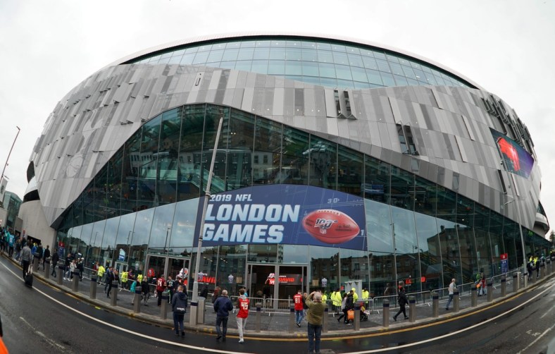 Oct 13, 2019; London, United Kingdom; General overall view of the Tottenham Hotpsur Stadium exterior before an NFL International Series game between the Carolina Panthers and the Tampa Bay Buccaneers. Mandatory Credit: Kirby Lee-USA TODAY Sports