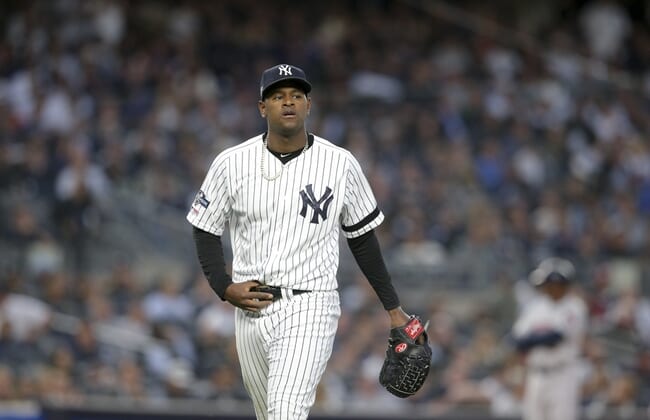 Oct 15, 2019; Bronx, NY, USA; New York Yankees starting pitcher Luis Severino (40) leaves the field after being relieved during the fifth inning in game three of the 2019 ALCS playoff baseball series against the Houston Astros at Yankee Stadium. Mandatory Credit: Brad Penner-USA TODAY Sports
