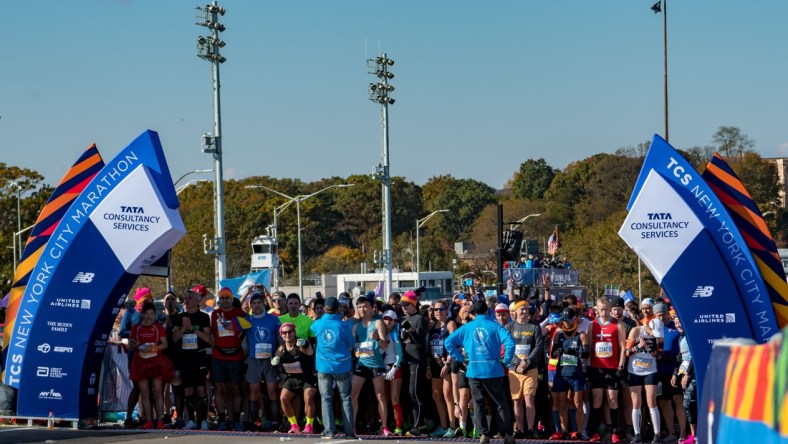 Nov 3, 2019; New York, NY, USA; Runners prepare to cross the Verrazzano bridge during the 2019 TCS New York City Marathon in New York, NY. Mandatory Credit: John Jones-USA TODAY Sports