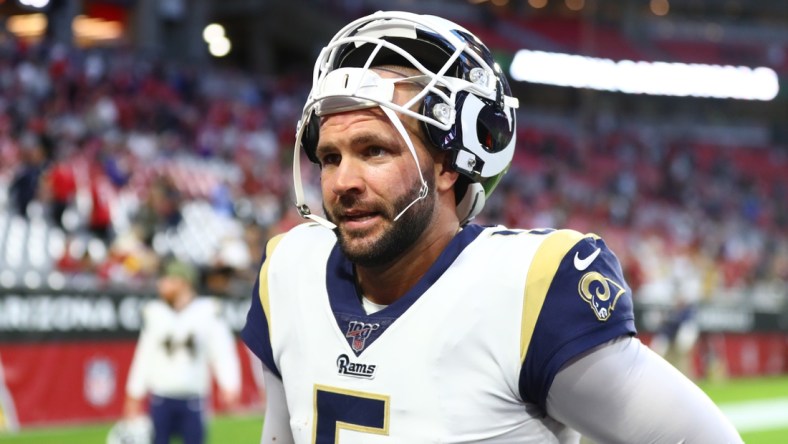 Dec 1, 2019; Glendale, AZ, USA; Los Angeles Rams quarterback Blake Bortles (5) against the Arizona Cardinals at State Farm Stadium. Mandatory Credit: Mark J. Rebilas-USA TODAY Sports