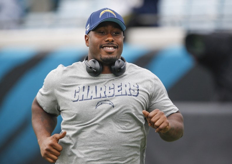 Dec 8, 2019; Jacksonville, FL, USA; Los Angeles Chargers defensive end Damion Square (71) warms up by running sprints before the game agaist the Jacksonville Jaguars at TIAA Bank Field. Mandatory Credit: Reinhold Matay-USA TODAY Sports