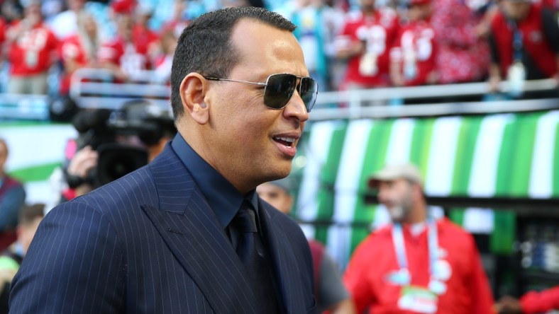 Feb 2, 2020; Miami Gardens, Florida, USA; Alex Rodriguez on the sidelines before Super Bowl LIV between the Kansas City Chiefs and San Francisco 49ers at Hard Rock Stadium. Mandatory Credit: Mark J. Rebilas-USA TODAY Sports