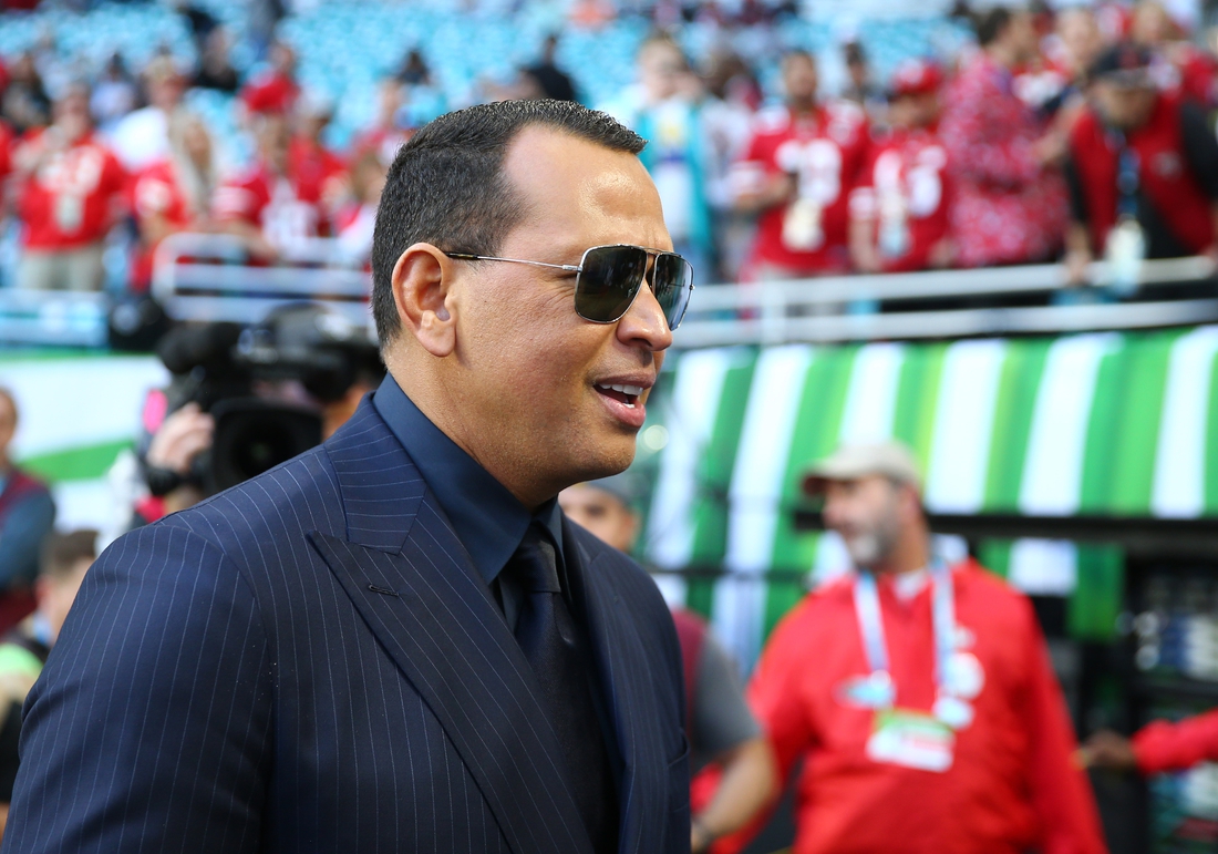 Feb 2, 2020; Miami Gardens, Florida, USA; Alex Rodriguez on the sidelines before Super Bowl LIV between the Kansas City Chiefs and San Francisco 49ers at Hard Rock Stadium. Mandatory Credit: Mark J. Rebilas-USA TODAY Sports