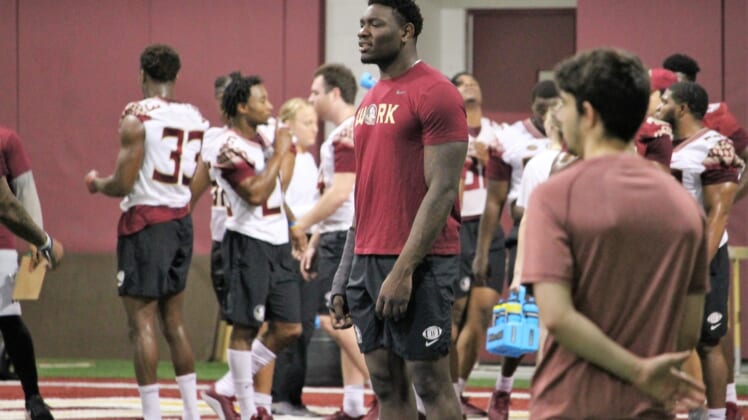 FSU defensive end Janarius Robinson at a Tour of Duty conditioning workout on Feb. 13, 2020.Img 4827