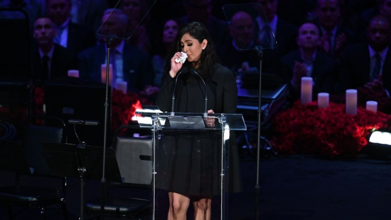 Feb 24, 2020; Los Angeles, California, USA;   Vanessa Bryant weeps while delivering her speech during the memorial to celebrate the life of Kobe Bryant and daughter Gianna Bryant at Staples Center. Mandatory Credit: Robert Hanashiro-USA TODAY Sports