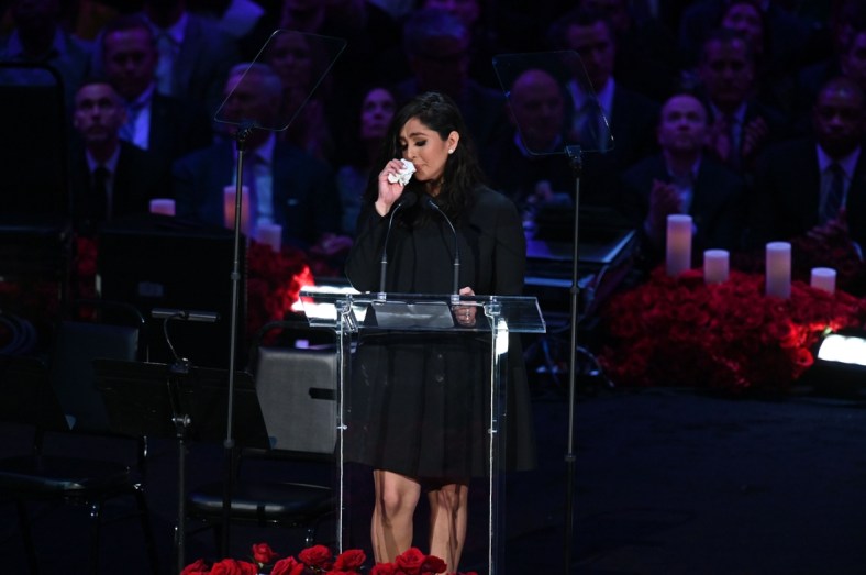 Feb 24, 2020; Los Angeles, California, USA;   Vanessa Bryant weeps while delivering her speech during the memorial to celebrate the life of Kobe Bryant and daughter Gianna Bryant at Staples Center. Mandatory Credit: Robert Hanashiro-USA TODAY Sports