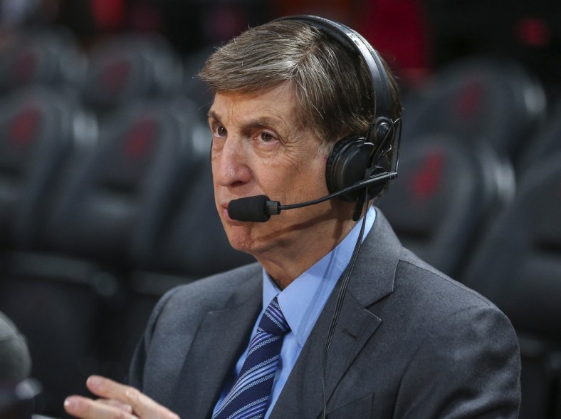 Mar 5, 2020; Houston, Texas, USA; Broadcaster Marv Albert before a game between the Houston Rockets and the Los Angeles Clippers at Toyota Center. Mandatory Credit: Troy Taormina-USA TODAY Sports