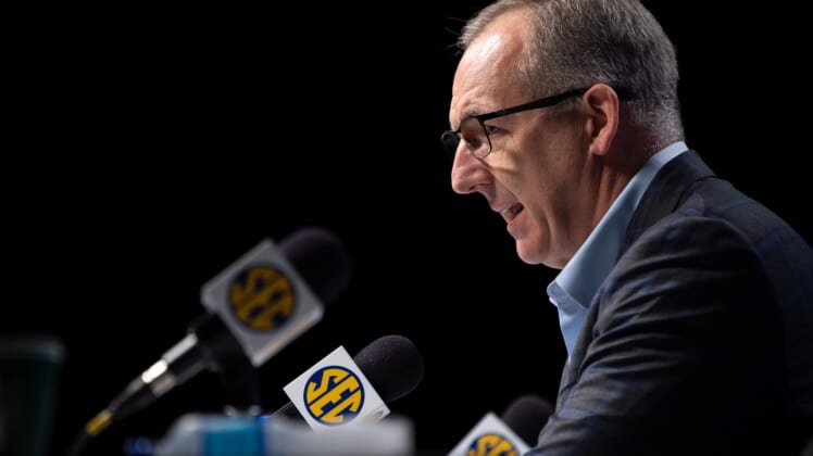 SEC Commissioner Greg Sankey speaks during a press conference after it was announced that the Southeastern Conference Tournament was canceled due to Coronavirus concerns at Bridgestone Arena in Nashville, Tenn., Thursday, March 12, 2020.Xxx Sec An 031220 008 Jpg Usa Tn