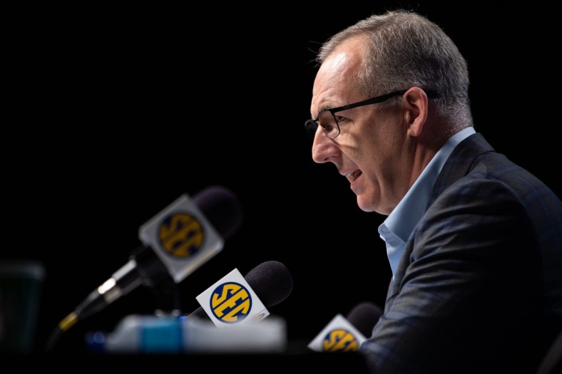SEC Commissioner Greg Sankey speaks during a press conference after it was announced that the Southeastern Conference Tournament was canceled due to Coronavirus concerns at Bridgestone Arena in Nashville, Tenn., Thursday, March 12, 2020.

Xxx Sec An 031220 008 Jpg Usa Tn