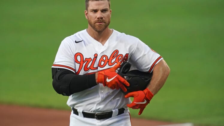 Jul 9, 2020; Baltimore, Maryland, United States; Baltimore Orioles first baseman Chris Davis (19) returns to the dugout during a practice game at Oriole Park at Camden Yards. Mandatory Credit: Mitch Stringer-USA TODAY Sports