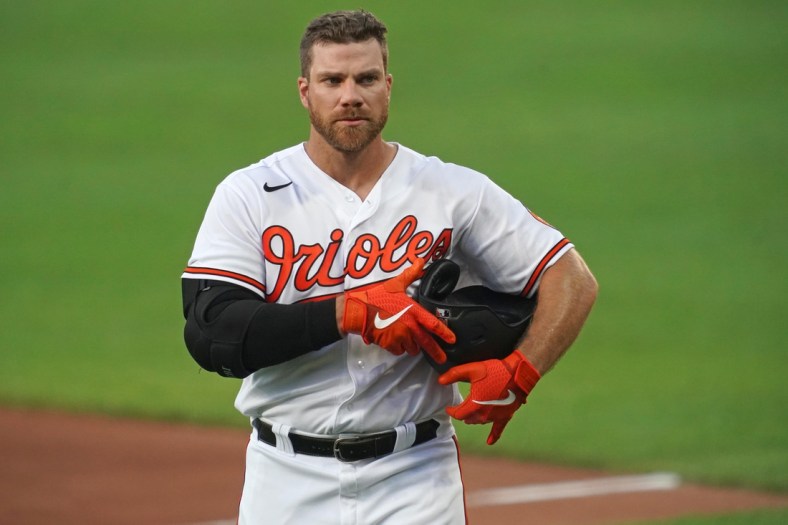 Jul 9, 2020; Baltimore, Maryland, United States; Baltimore Orioles first baseman Chris Davis (19) returns to the dugout during a practice game at Oriole Park at Camden Yards. Mandatory Credit: Mitch Stringer-USA TODAY Sports