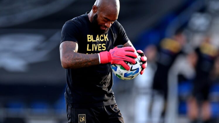 Jul 13, 2020; Orlando, FL, Orlando, FL, USA;  Los Angeles FC goalkeeper Kenneth Vermeer (1) warms up before the game against the Houston Dynamo at the ESPN Wide World of Sports. Mandatory Credit: Peter Casey-USA TODAY Sports