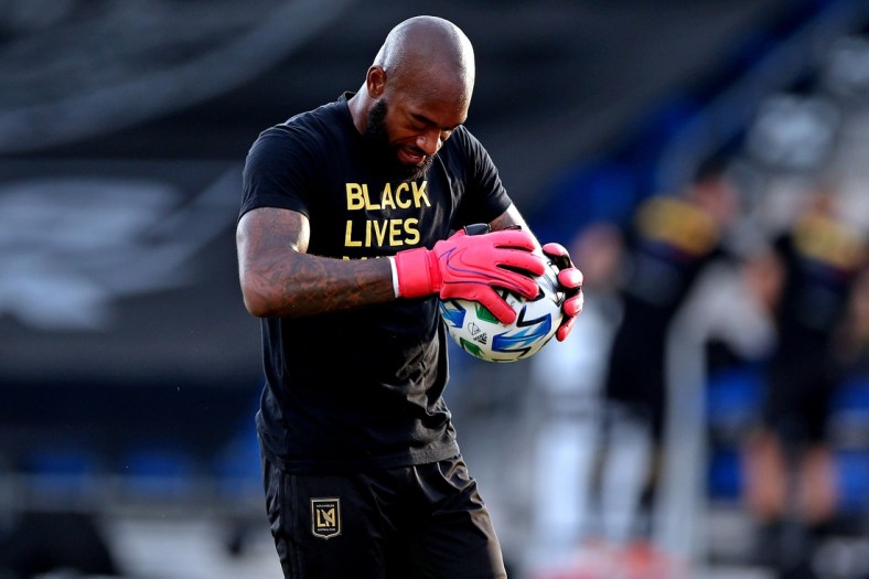 Jul 13, 2020; Orlando, FL, Orlando, FL, USA;  Los Angeles FC goalkeeper Kenneth Vermeer (1) warms up before the game against the Houston Dynamo at the ESPN Wide World of Sports. Mandatory Credit: Peter Casey-USA TODAY Sports