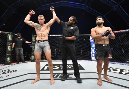 July 19, 2020; Abu Dhabi, UAE; Jack Hermansson of Sweden celebrates after his submission victory over Kelvin Gastelum in their middleweight bout during UFC Fight Night at the Flash Forum on UFC Fight Island.  Mandatory Credit: Jeff Bottari/Zuffa LLC via USA TODAY Sports