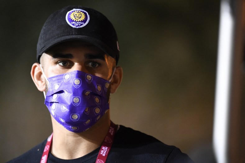 Aug 11, 2020; Orlando, FL, Orlando, FL, USA;  Orlando City forward Dom Dwyer (14) before the game against the Portland Timbers at ESPN Wide World of Sports Complex. Mandatory Credit: Douglas DeFelice-USA TODAY Sports