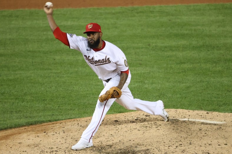 Aug 22, 2020; Washington, District of Columbia, USA; Washington Nationals relief pitcher Wander Suero (51) pitches against the Miami Marlins in the sixth inning at Nationals Park. Mandatory Credit: Geoff Burke-USA TODAY Sports