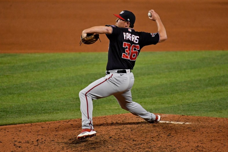 Sep 18, 2020; Miami, Florida, USA; Washington Nationals relief pitcher Will Harris (36) delivers a pitch in the 7th inning against the Miami Marlins at Marlins Park. Mandatory Credit: Jasen Vinlove-USA TODAY Sports