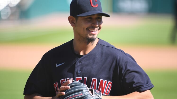 Sep 20, 2020; Detroit, Michigan, USA; Cleveland Indians starting pitcher Carlos Carrasco (59) during the sixth inning against the Detroit Tigers at Comerica Park. Mandatory Credit: Tim Fuller-USA TODAY Sports