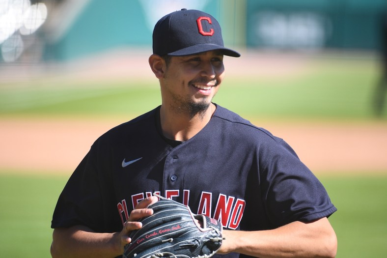 Sep 20, 2020; Detroit, Michigan, USA; Cleveland Indians starting pitcher Carlos Carrasco (59) during the sixth inning against the Detroit Tigers at Comerica Park. Mandatory Credit: Tim Fuller-USA TODAY Sports
