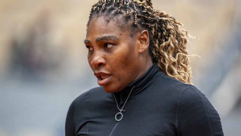 Sep 28, 2020; Paris, France; Serena Williams (USA) during her match against Kristie Ahn (USA) on day two of the 2020 French Open at Stade Roland Garros. Mandatory Credit: Susan Mullane-USA TODAY Sports