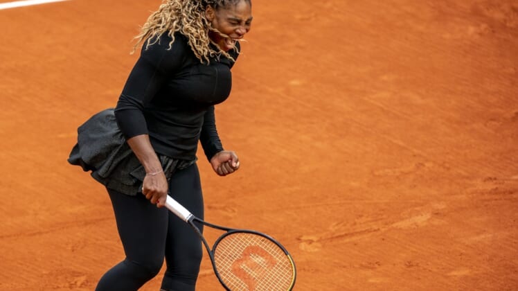 Sep 28, 2020; Paris, France; Serena Williams (USA) reacts during her match against Kristie Ahn (USA) on day two of the 2020 French Open at Stade Roland Garros. Mandatory Credit: Susan Mullane-USA TODAY Sports
