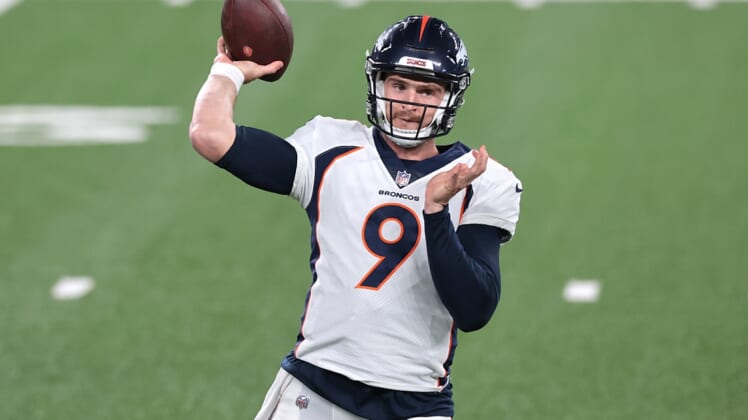 Oct 1, 2020; East Rutherford, New Jersey, USA; Denver Broncos quarterback Jeff Driskel (9) throws the ball before the game against the New York Jets at MetLife Stadium. Mandatory Credit: Vincent Carchietta-USA TODAY Sports