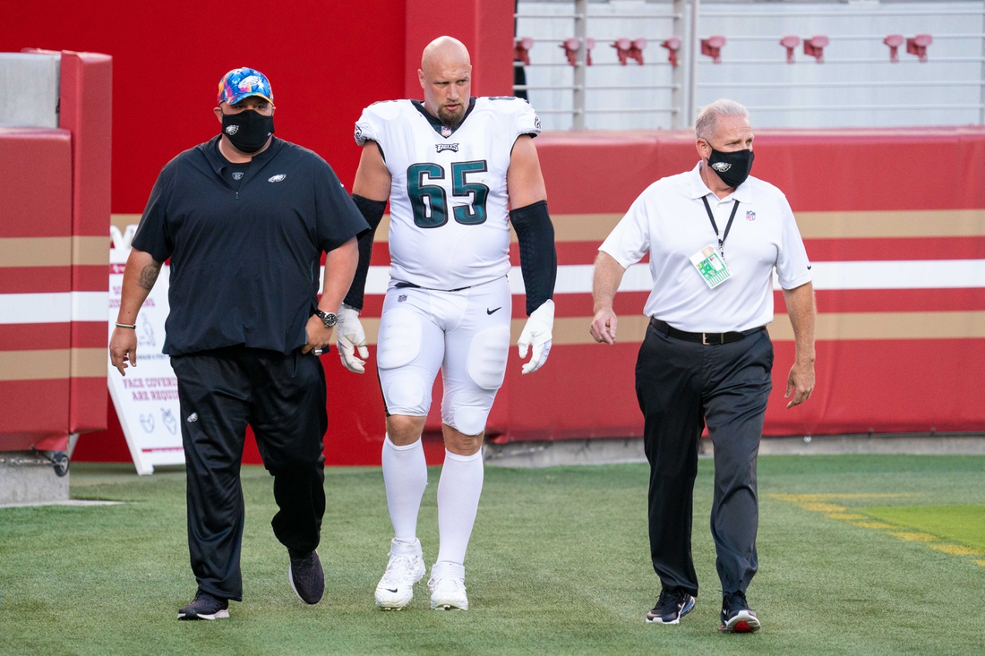 October 4, 2020; Santa Clara, California, USA; Philadelphia Eagles offensive tackle Lane Johnson (65) walks to the locker room during the first quarter against the San Francisco 49ers at Levi's Stadium. Mandatory Credit: Kyle Terada-USA TODAY Sports