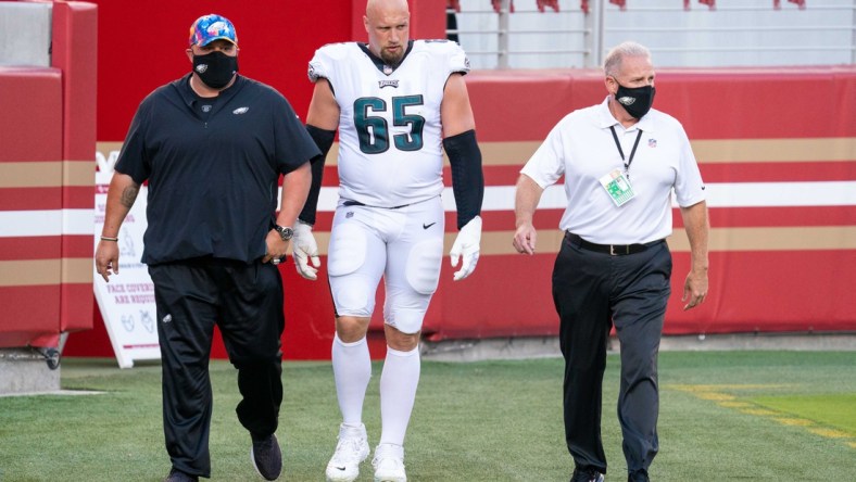 October 4, 2020; Santa Clara, California, USA; Philadelphia Eagles offensive tackle Lane Johnson (65) walks to the locker room during the first quarter against the San Francisco 49ers at Levi's Stadium. Mandatory Credit: Kyle Terada-USA TODAY Sports