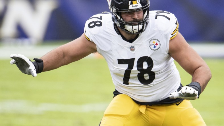 Nov 1, 2020; Baltimore, Maryland, USA;  Pittsburgh Steelers offensive tackle Alejandro Villanueva (78) blocks during first half against the Baltimore Ravens at M&T Bank Stadium. Mandatory Credit: Tommy Gilligan-USA TODAY Sports