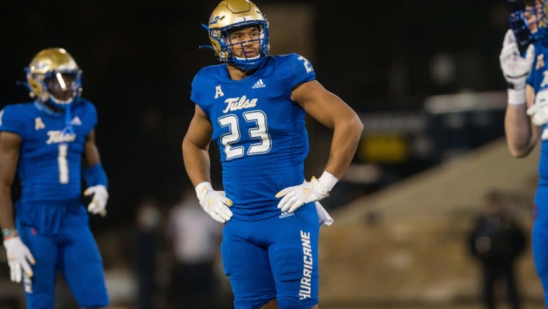 Nov 14, 2020; Tulsa, Oklahoma, USA;  Tulsa Golden Hurricane linebacker Zaven Collins (23) during the game against the Southern Methodist Mustangs at Skelly Field at H.A. Chapman Stadium. Tulsa won 28-24. Mandatory Credit: Brett Rojo-USA TODAY Sports