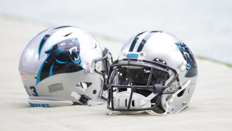 Sep 22, 2019; Glendale, AZ, USA; Detailed view of Carolina Panthers helmets against the Arizona Cardinals at State Farm Stadium. Mandatory Credit: Mark J. Rebilas-USA TODAY Sports