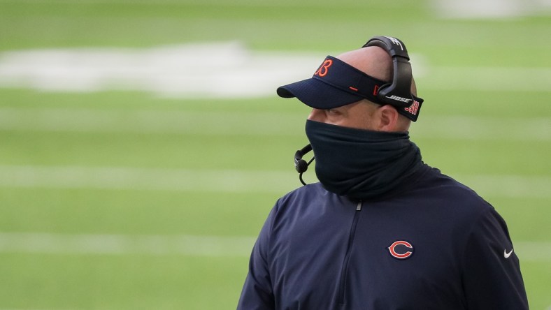 Dec 20, 2020; Minneapolis, Minnesota, USA; Chicago Bears head coach Matt Nagy looks on during the first quarter against the Minnesota Vikings at U.S. Bank Stadium. Mandatory Credit: Brad Rempel-USA TODAY Sports