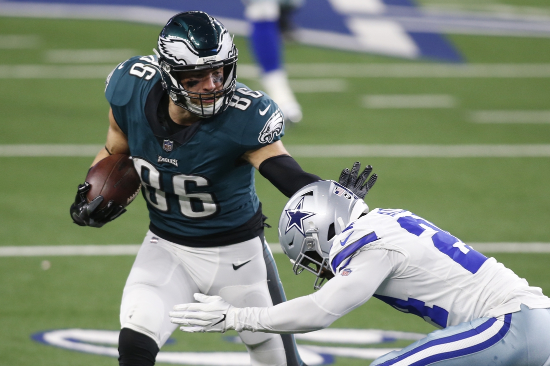 Dec 27, 2020; Arlington, Texas, USA; Philadelphia Eagles tight end Zach Ertz (86) runs the ball after making a catch in the fourth quarter against Dallas Cowboys cornerback Chidobe Awuzie (24) at AT&T Stadium. Mandatory Credit: Tim Heitman-USA TODAY Sports