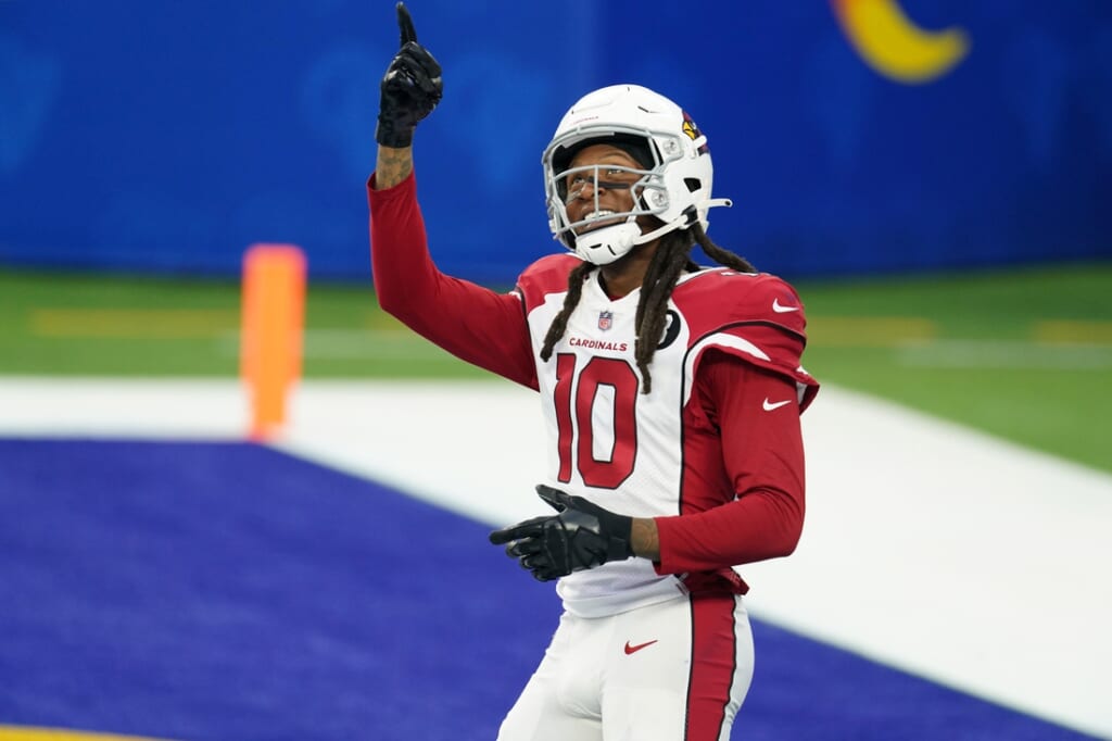 Jan 3, 2021; Inglewood, California, USA; Arizona Cardinals wide receiver DeAndre Hopkins (10) reacts in the fourth quarter against the Los Angeles Rams at SoFi Stadium. The Rams defeated the Cardinals 18-7. Mandatory Credit: Kirby Lee-USA TODAY Sports