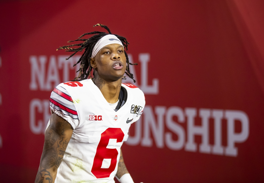 Jan 11, 2021; Miami Gardens, Florida, USA; Ohio State Buckeyes wide receiver Jameson Williams (6) against the Alabama Crimson Tide in the 2021 CFP National Championship Game. Mandatory Credit: Mark J. Rebilas-USA TODAY Sports