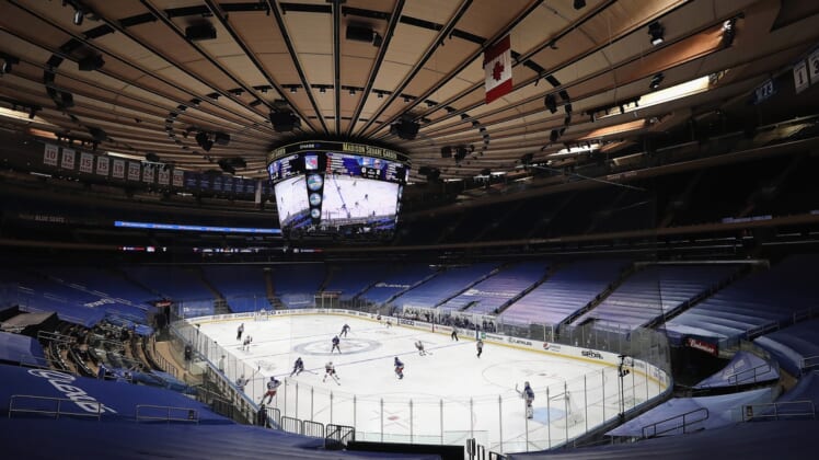 Jan 14, 2021; New York, NY, USA; A general view as the New York Rangers host the New York Islanders in an empty Madison Square Garden.  Mandatory Credit: Bruce Bennett/Pool Photo via USA TODAY Sports