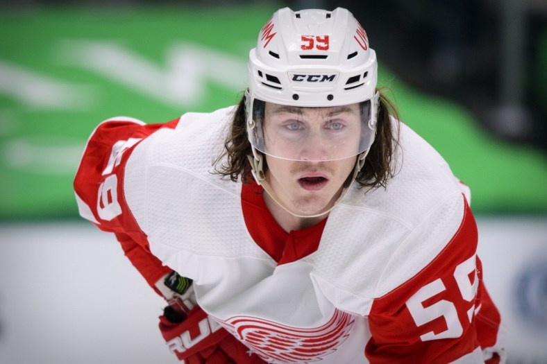 Jan 26, 2021; Dallas, Texas, USA; Detroit Red Wings left wing Tyler Bertuzzi (59) in action during the game between the Dallas Stars and the Detroit Red Wings at the American Airlines Center. Mandatory Credit: Jerome Miron-USA TODAY Sports
