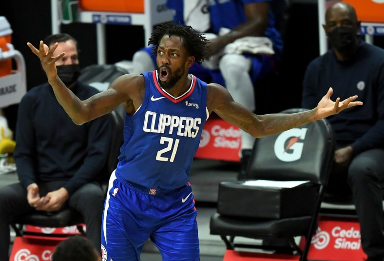 Feb 17, 2021; Los Angeles, California, USA; Los Angeles Clippers guard Patrick Beverley (21) reacts to a foul call in the first half of the game against the Utah Jazz at Staples Center. Mandatory Credit: Jayne Kamin-Oncea-USA TODAY Sports